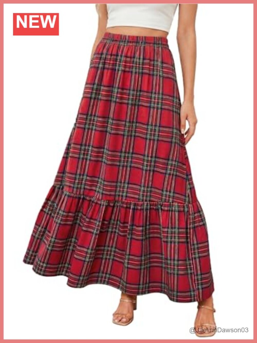 Plaid Maxi Skirt High Waist A-Line Ruffled Hem Polyester Cotton
